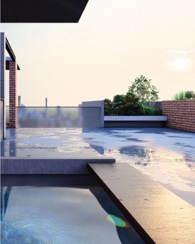 Sunlit rooftop terrace